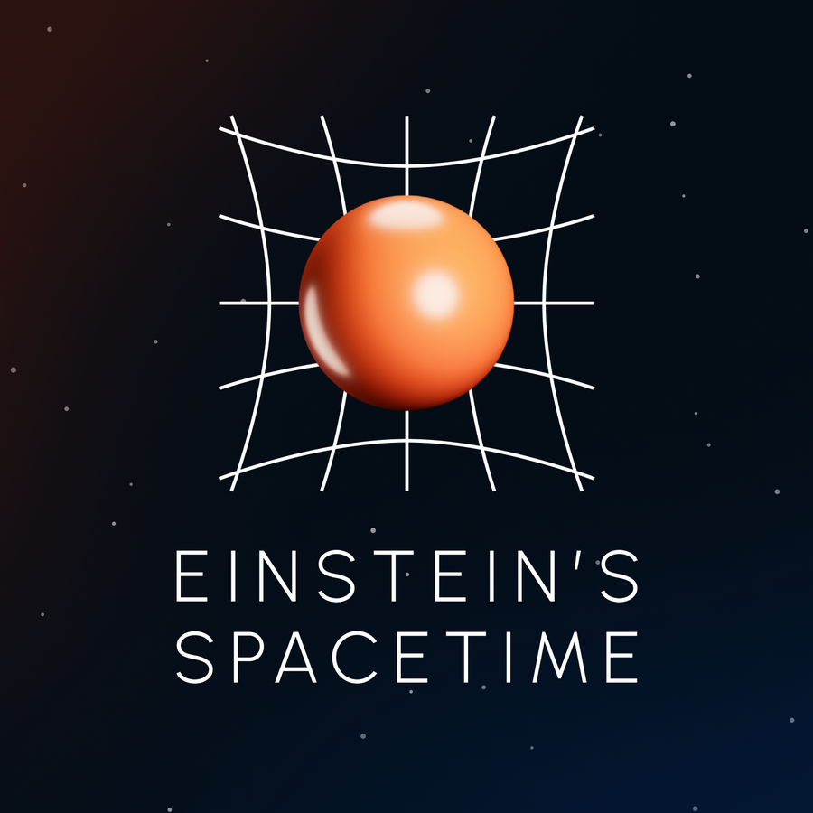 Einstein's Spacetime logo: an orange sphere deforming a white grid against a dark starfield
