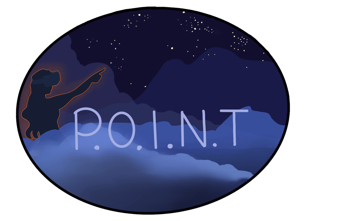 POINT logo: a silhouetted figure pointing at a starfield above cloud-covered mountains, with the letters P.O.I.N.T across the centre